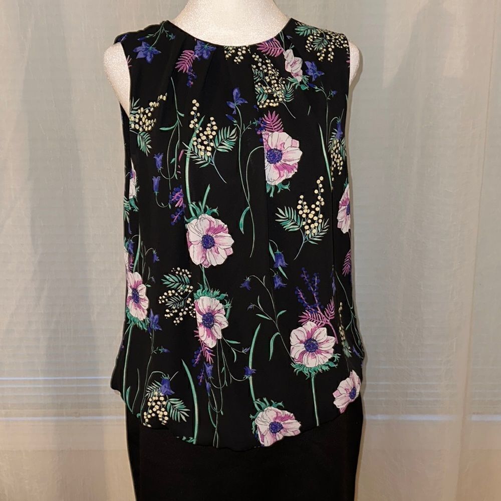 Liz Claiborne S Career Black Multicolored Floral Sleeveless Bubble Waist Top